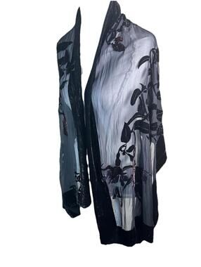 Vintage 90's Burnout Velvet Shawl Black With Fushcia Floral Iridescent Rayon